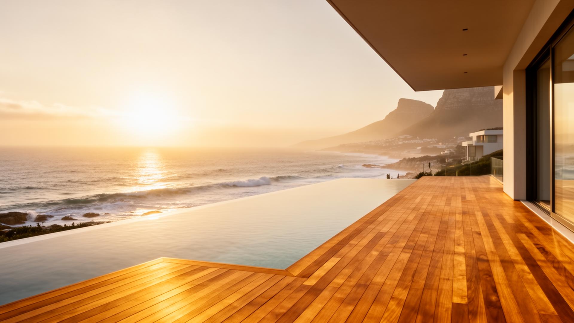 Luxury Cape Town timber decking and architectural pergola overlooking the Atlantic Ocean